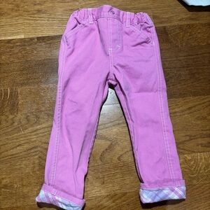 Size 24 months, pink Harley Davidson, jeans, plaid cuff, pearl button EUC